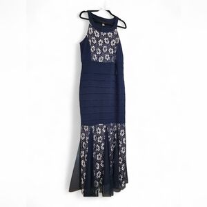 Elegant Navy/Silver Lace Sleeveless Mermaid Formal Maxi Dress , Women's Size 1X